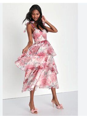 LULUS Playfully Posh Blush Floral Organza Tie-Strap Tiered Midi Dress Size Large